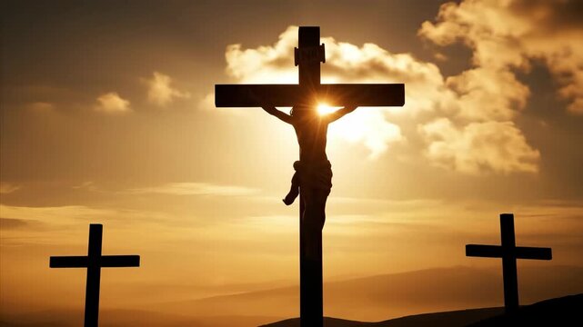 Three crosses on a hill at sunset symbolize the crucifixion of Jesus Christ. Christian religious concept of Easter and Lent. Spiritual piety.	
