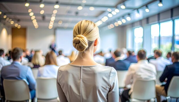 Mujer ejecutiva asistiendo a conferencia en sala corporativa moderna con asistentes y ponente al fondo