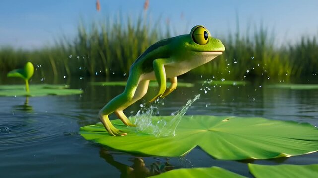 Animated Frog Jumping on Lily Pad in Pond - Vibrant Nature Scene