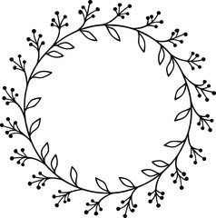 Hand Drawn Floral Wreath Border Delicate Leaves and Berries Simple Black and White Illustration