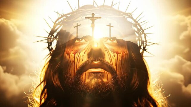 Double exposure of Jesus Christ's face with bleeding eyes, crown of thorns, and three crosses on a hill for a religious theme. Easter background.	
