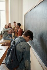 Obraz premium Vertical photo of student being bullied by classmates pointing and laughing. School harassment and peer pressure concept. Teenager with backpack standing with head bowed by blackboard