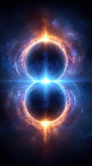Obraz premium Two mirrored cosmic spheres with fiery energy rings collide in deep space, dramatic sci fi scene symbolizing balance, duality and universal power.