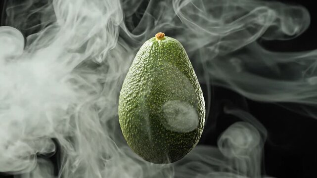 A textured, green avocado is surrounded by swirling white smoke, against a dark backdrop