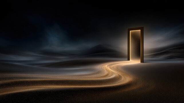 Surreal glowing doorway in dark desert with flowing golden light trails, mystical portal concept symbolizing opportunity, journey and hope.
