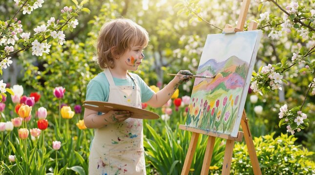 Young boy painting landscape on canvas in spring garden. Creative child artist with palette and brush among blooming tulips. Art and education concept