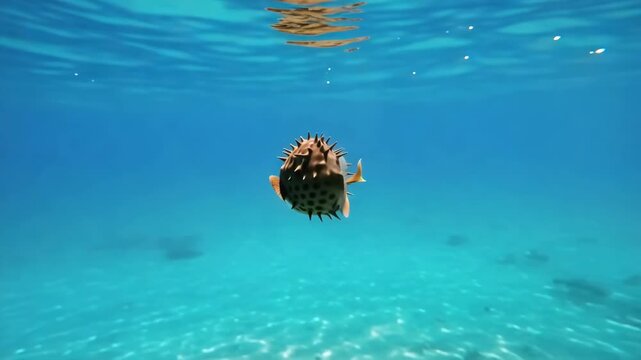 Underwater view of a spiked boxfish swimming in the turquoise ocean with beautiful water surface reflections and sandy bottom