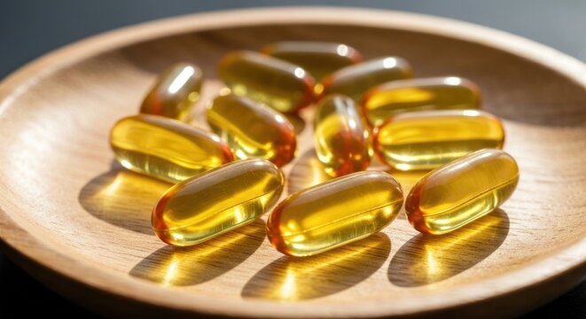 Shiny, yellow, oval soft gel capsules in a wooden bowl, bathed in natural light