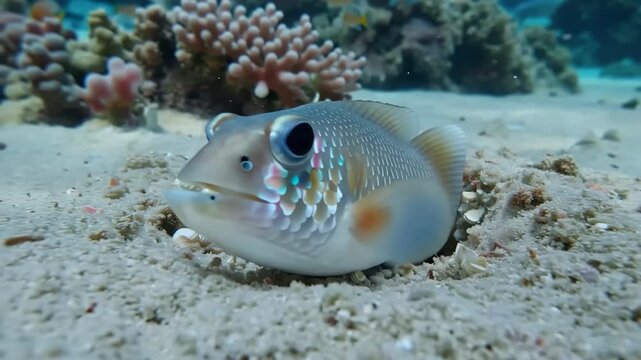 Underwater world pale goby on sandy bottom with coral reef background in the sea