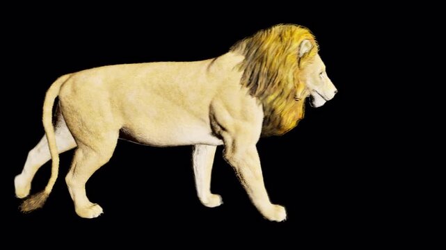 A majestic male lion with a golden mane walks gracefully across a black background, showcasing its powerful stride and regal presence in a realistic 3D animation. isolated on Transparent