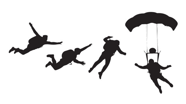 Vector Illustration Of Skydivers In Free Fall And Parachute Descent For Adventure And Sports Concept