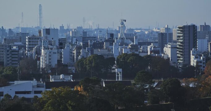 Majestic wide shot of Japanese city with autumn trees