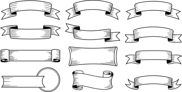 Hand drawn vintage ribbon banners and scroll labels collection with blank retro frames isolated on white background for logo and badge design