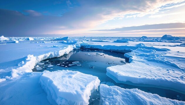 A detailed photographic capture of sea ice thinning and becoming more porous, allowing water to penetrate and accelerate melting, as seen in a vast polar landscape.