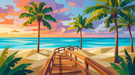 Fototapeta premium Colorful raster illustration of a tropical beach with palm trees and a wooden boardwalk leading to the blue sea during a beautiful sunset with pink clouds.