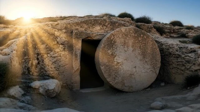 Empty tomb of Jesus with rolling stone door open and bright sun rays. Symbol of resurrection and new life for Christianity, Easter holiday.	