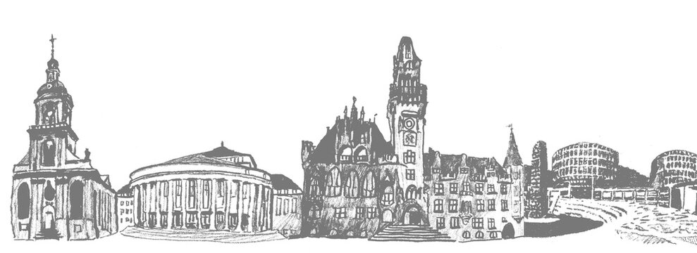Graphitzeichnung der wichtigen Geb&auml;ude von Saarbr&uuml;cken St. Johann mit der Basilika, dem Staatstheater, dem neuen Rathaus und der UKV
