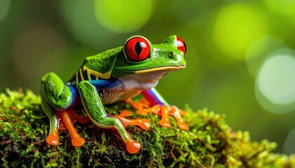Fototapeta premium A FlyPro professional camera shot captures a vivid red-eyed frog with bulging eyes, perched on a mossy branch, against a vibrant green, humid backdrop.