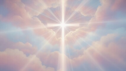 Fototapeta premium Glowing cross of light in sky among clouds. Religious spiritual background for Easter