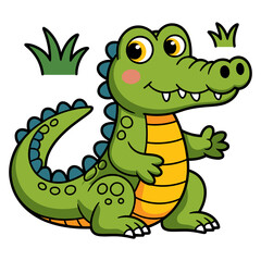 Fototapeta premium Cute cartoon green baby alligator or crocodile sitting with small green grass elements around, isolated on transparent background