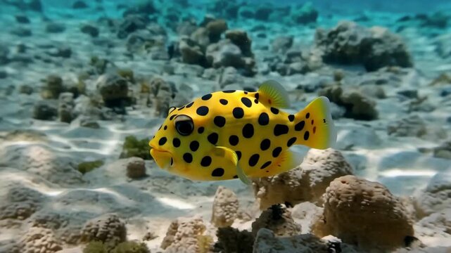 Yellow boxfish swimming gracefully in clear turquoise water above a sandy sea floor with rocky formations