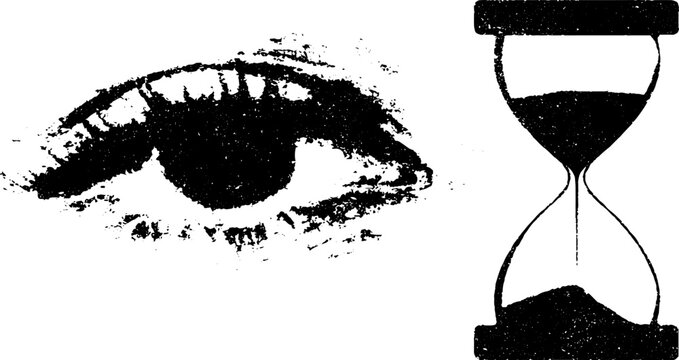 Eye and hourglass contrasting ink sketch for design and decor concepts