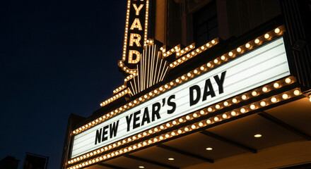 Vibrant theater marquee sign reading New Year's Day at night