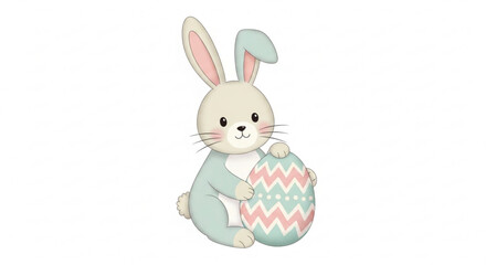 Cute Cartoon Bunny Holding Easter Egg Isolated on White Background