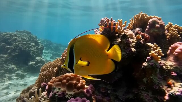 Yellow longfin butterflyfish swimming around colorful coral reef in a tropical ocean environment