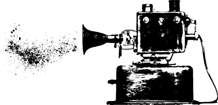 Vintage film projector black and white ink illustration for retro design