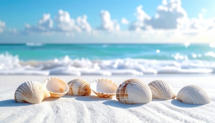 Obraz premium Smooth, polished cowrie shells scattered on a pristine white sand surface, illuminated by bright, gentle sunlight, a peaceful FlyPro scene.
