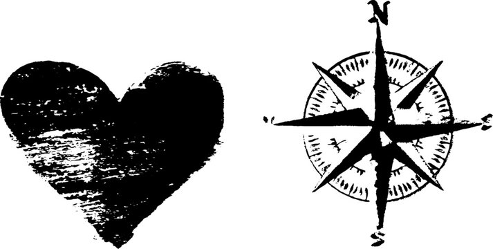High contrast black and white heart and compass rose ink art for design