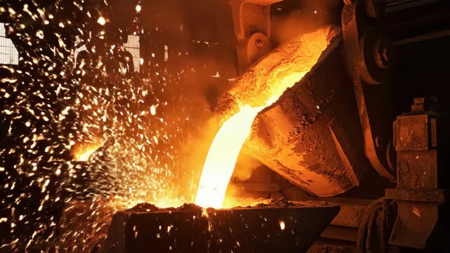Molten metal being poured in a foundry with sparks flying