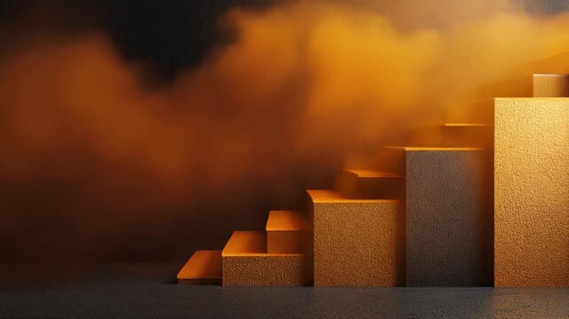 A geometric staircase ascends, contrasting gold and black textures, with atmospheric lighting, abstract composition