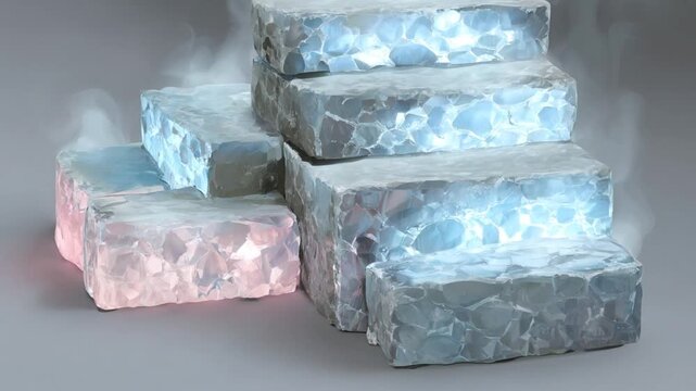 Digitally rendered blocks of crystalline ice, stacked in a staggered configuration, with subtle vapor effects