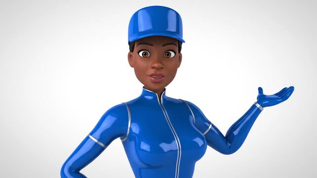 3D animated woman in blue suit presenting with open hand
