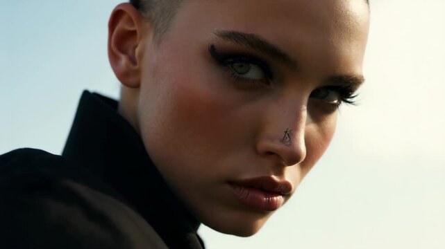Fashionable female with buzz cut hairstyle fashion editorial shot, high-fashion imagery, avant-garde aesthetics, editorial storytelling, conveying fashion trends and concepts, artisti.