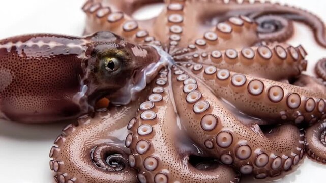 A detailed close-up of a raw octopus featuring its eye, suckers and tentacles