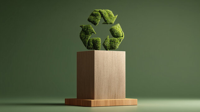 Recycling Symbol on Podium for Sustainability and Circular Economy Concept
