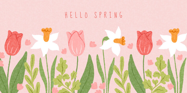 Spring horizontal banner with hand drawn bloom flowers, tulip and daffodil drawing charcoal.  Perfect for spring holidays, Mother's Day, Easter, Women's Day. Floral vector beautiful background.