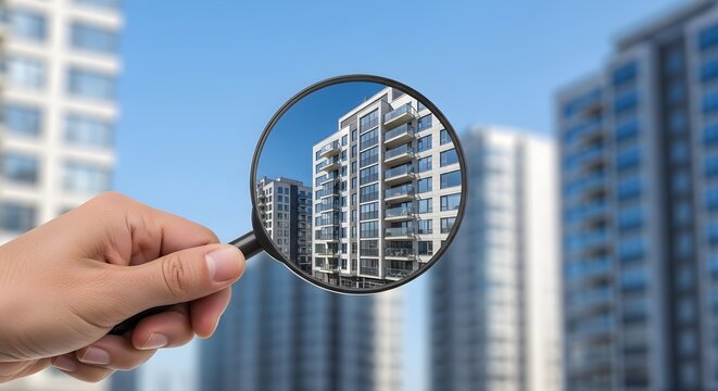 A hand holding a magnifying glass over a modern apartment building with blurred cityscape in the background under a clear blue sky.