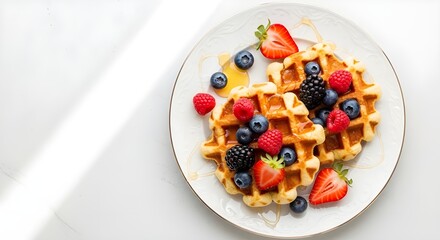 Top view of golden Belgian waffles served on an elegant white plate topped with fresh strawberries, blueberries, raspberries, and blackberries with honey drizzle.