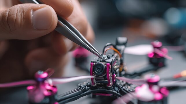 Closeup race technician tuning fpv mount and antenna with tweezers, neon pink propellers in background, precision adjustments on compact frame, competitive pit atmosphere, energetic lighting