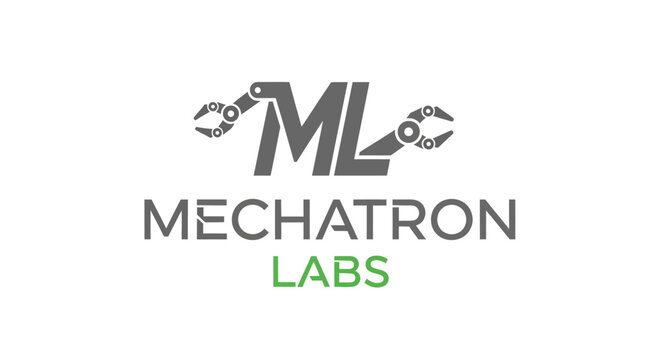 Stylish 'ML' monogram combined with a gear and wrench icon, symbolizing mechatronics engineering and laboratory development, isolated white background.
