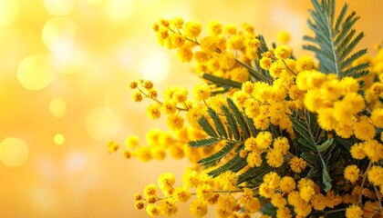 光に包まれた満開ミモザの春ボタニカル背景素材