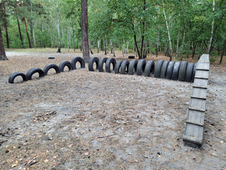 A dog training area with tyres in the forest