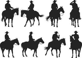 Cowboy Riding Horse Silhouette Set Featuring Western Riders On Stallions For Wild West Adventure Ranch Life Rodeo Branding Equine Sports And Country
