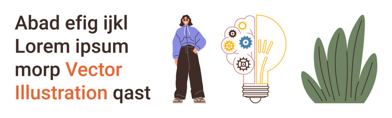 Education, innovation, creativity, eco-friendliness, design, technology. A woman stands near a lightbulb illustration with gears innovation, alongside decorative foliage. Innovation and creativity © robu_s