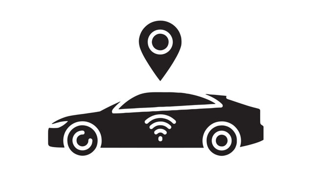 Car ride sharing icon with GPS map pin and wireless signal, black silhouette vehicle for taxi app, carpool service, navigation tracking and smart transport UI