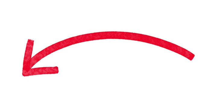 Hand-drawn red curved arrow pointing left with marker texture and bold shape for emphasis, annotation, navigation, or graphic design elements in presentations and web layouts.